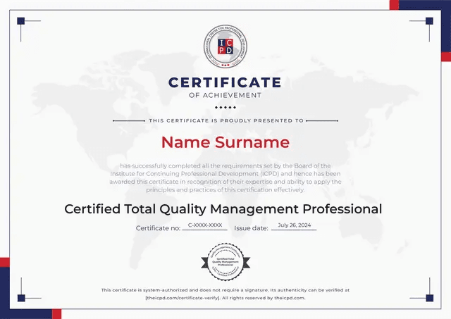 Total Quality Management Professional Sample Certificate