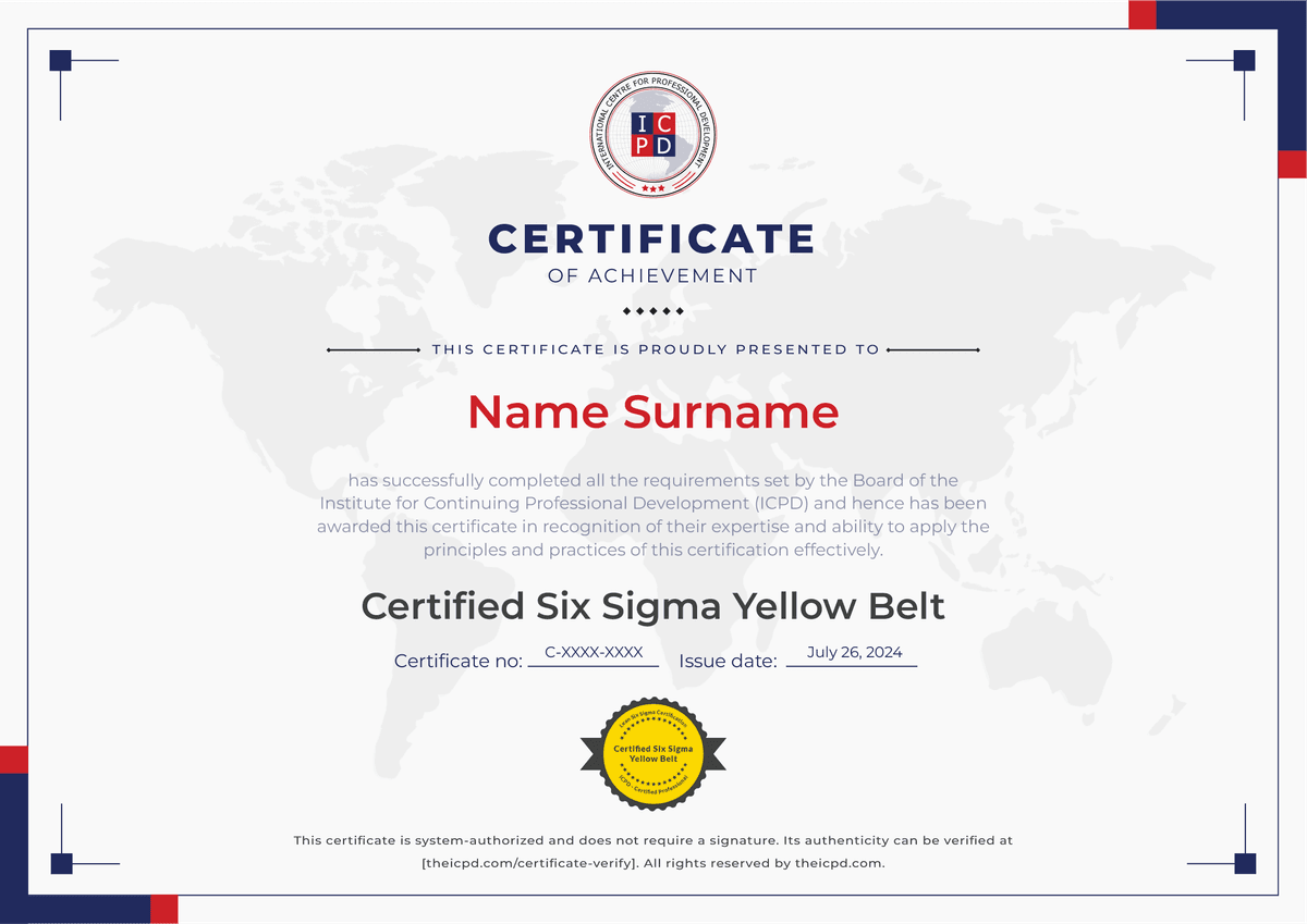 Lean Six Sigma Yellow Belt Certification Sample Certificate